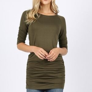 ZENANA Army Green Top 3/4 Sleeve With Side Rouching Detail Size Small NWT
